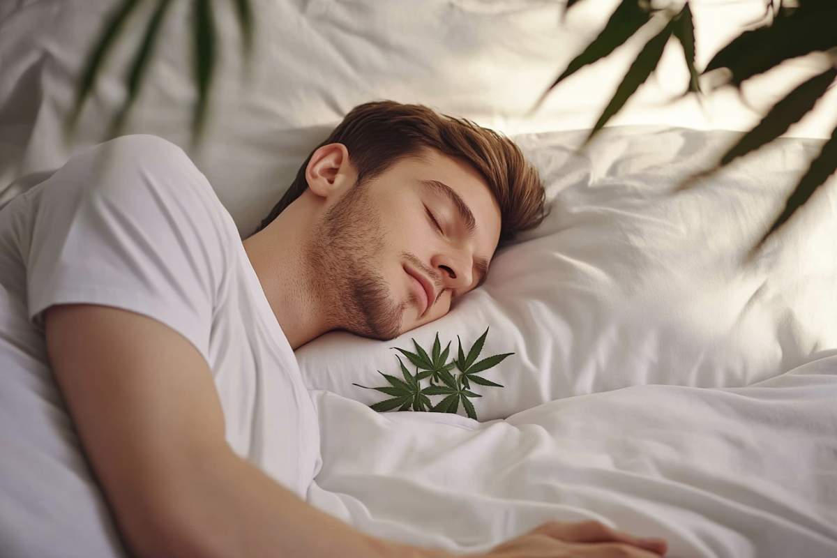 homme dormant avec une feuille de cbd